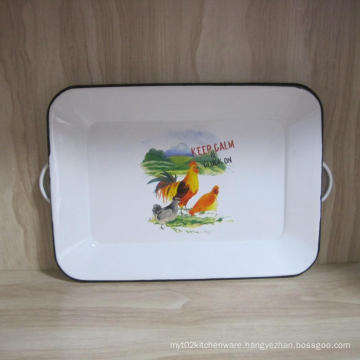 Enamel Metal Rectangular Serving Tray Fruit Tray with Handle